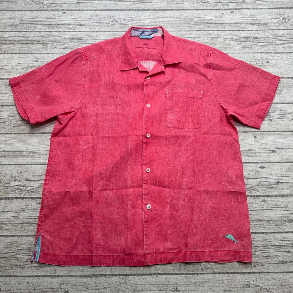 Tommy Bahama Shirt Men's Medium Coral Pink Linen Pique Short Sleeve Button Down